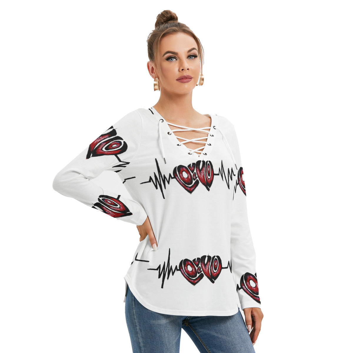 All-Over Print Women's Long Sleeve Neckline Tie Sweatshirt