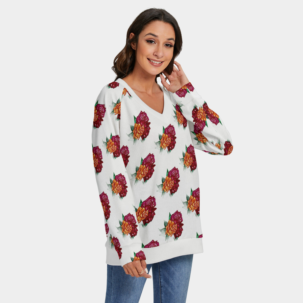 All-Over Print Women's V-neck Imitation Knitted Sweater With Long Sleeve