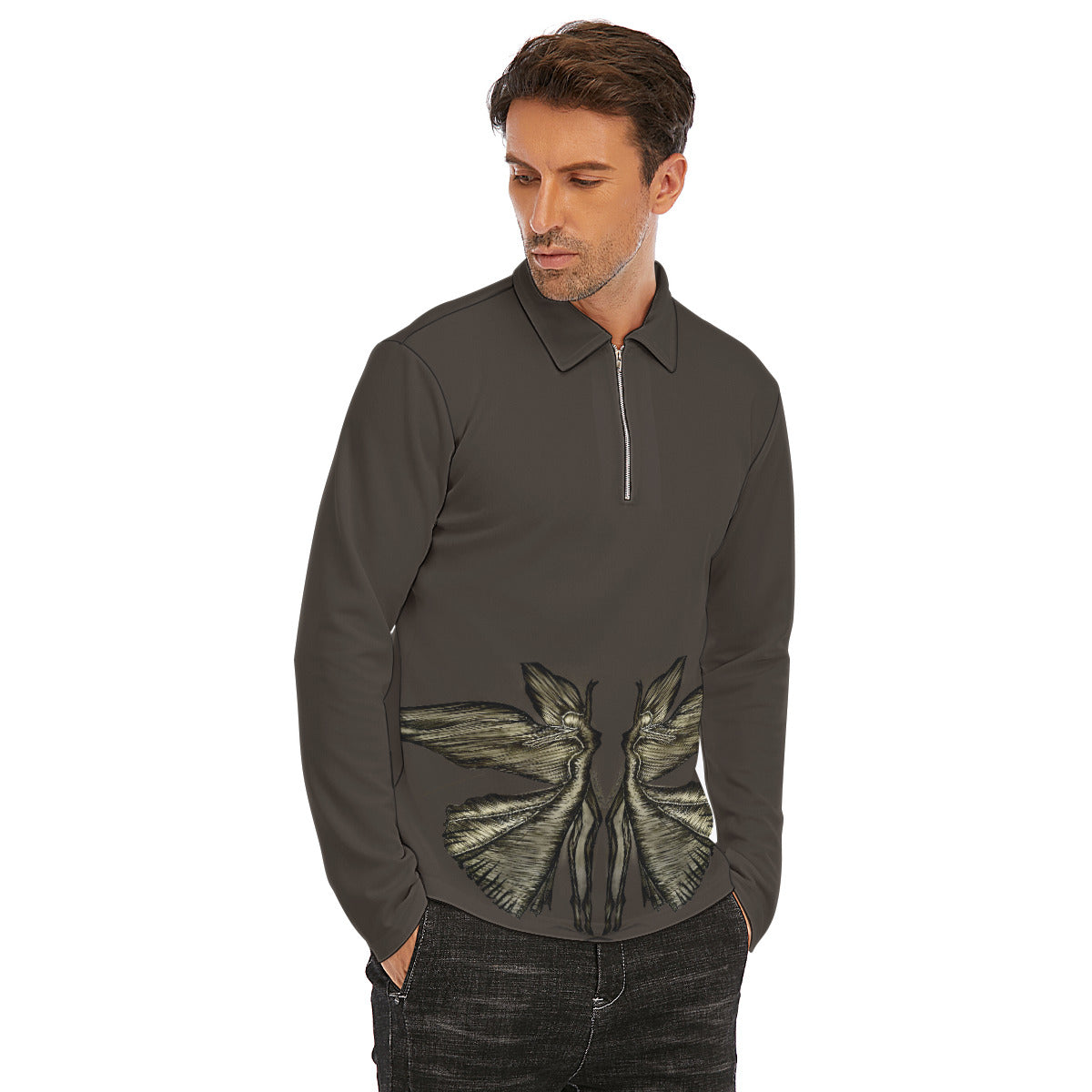 All-Over Print Men's Lapel T-shirt With Neckline Zipper Closure