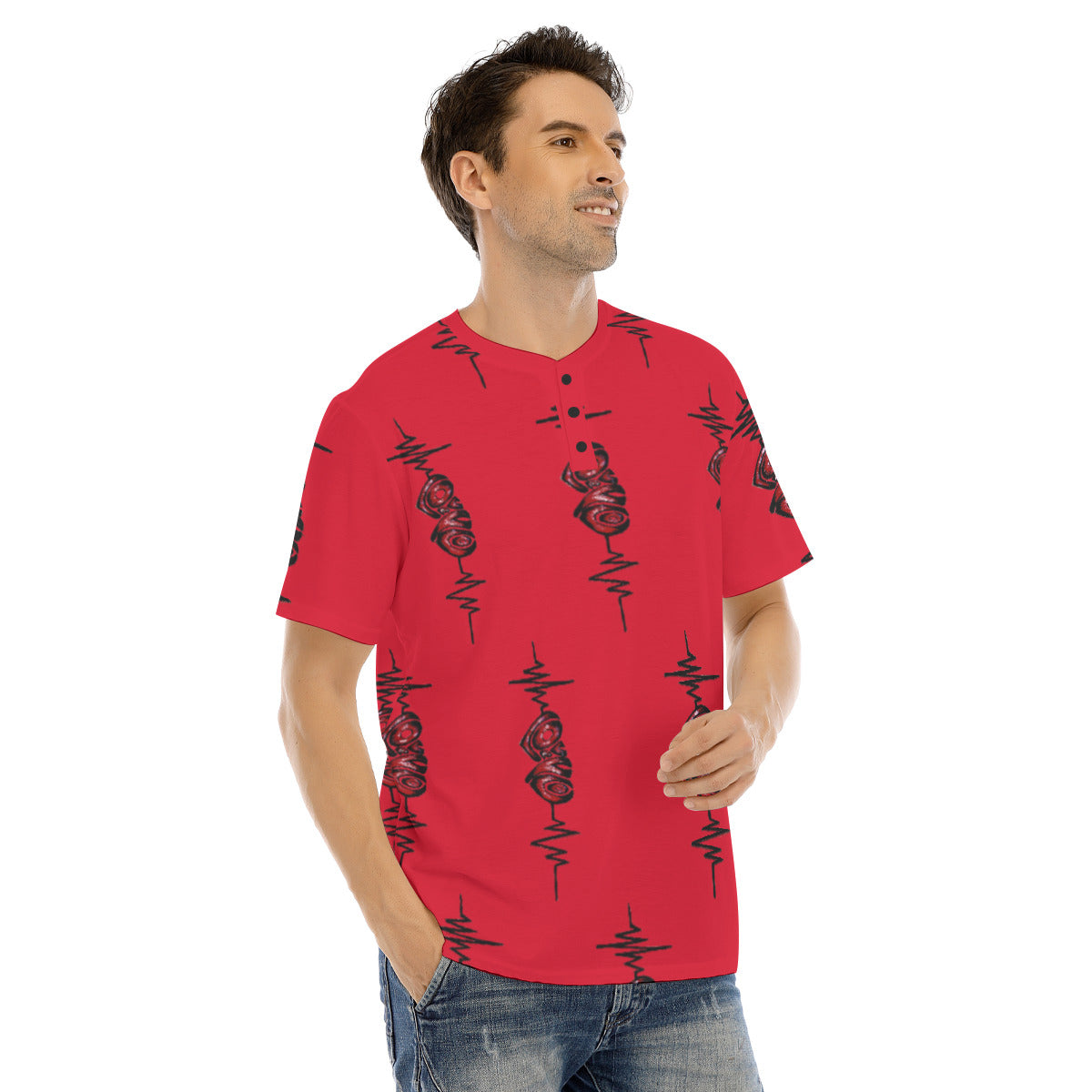 All-Over Print Men's Short Sleeve T-shirt With Button Closure