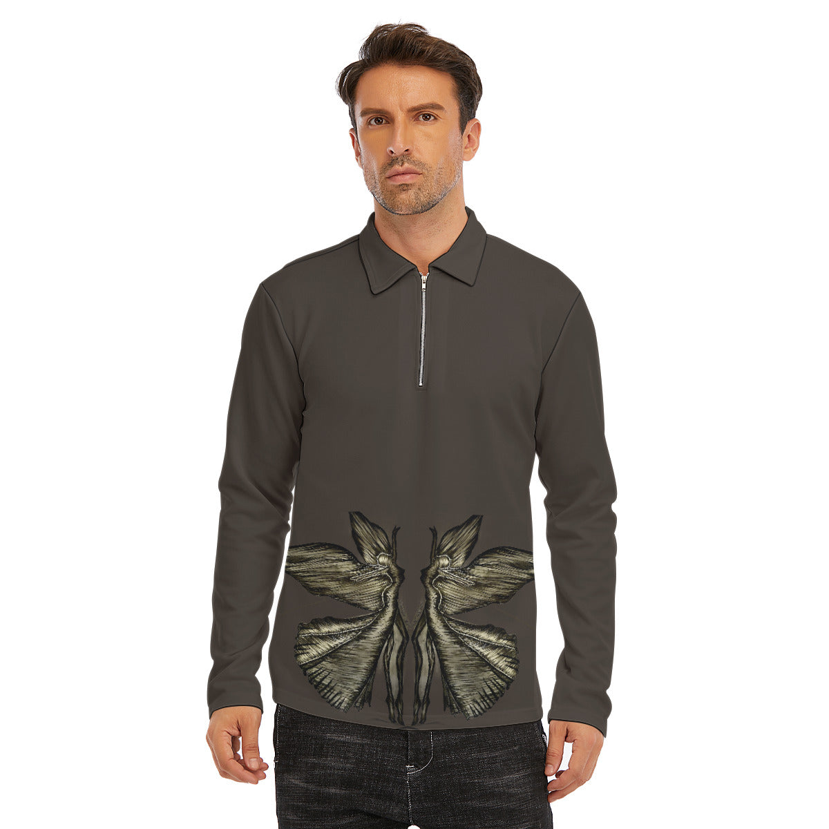 All-Over Print Men's Lapel T-shirt With Neckline Zipper Closure