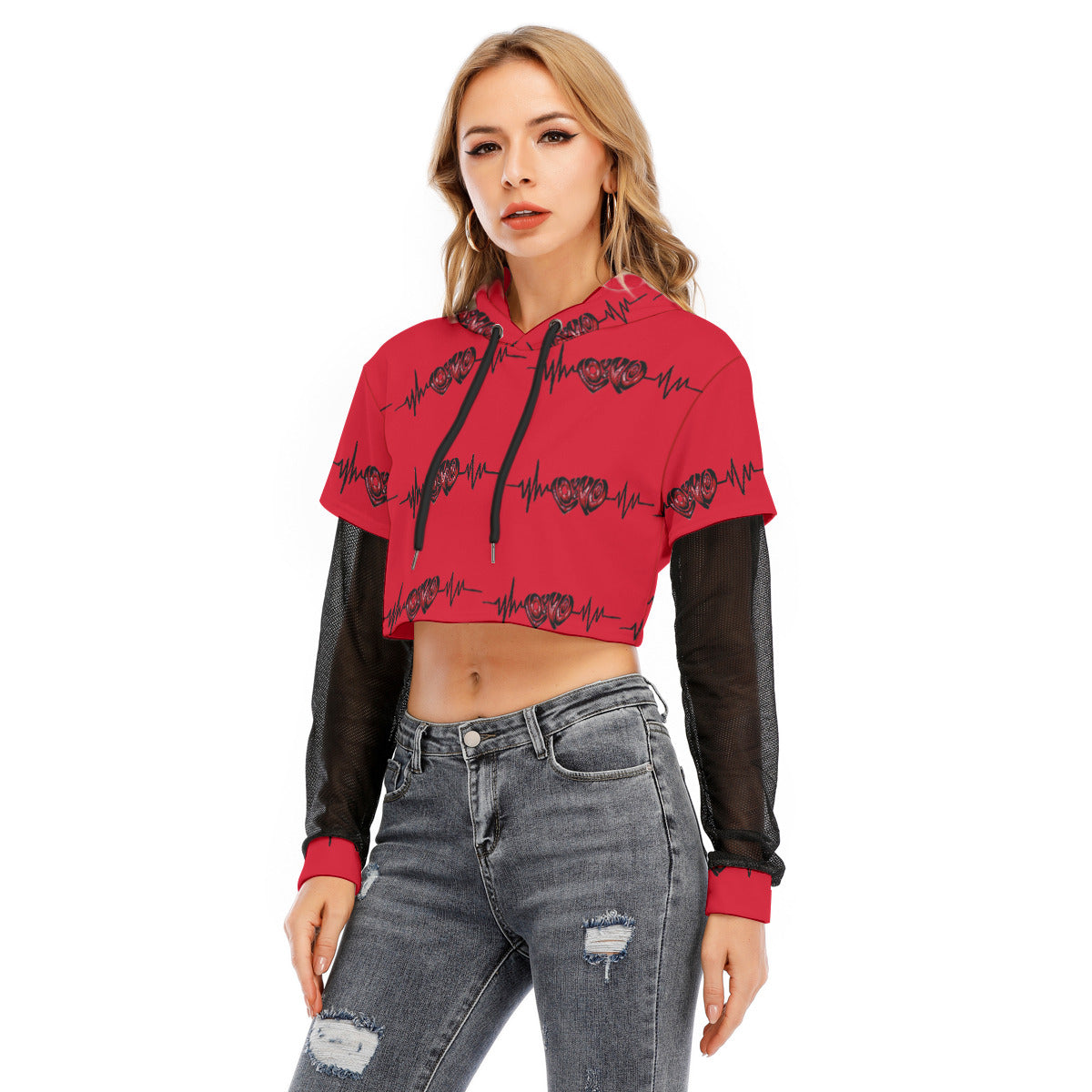 All-Over Print Women's Fake Two-piece Mesh Sleeve Cropped Hoodie
