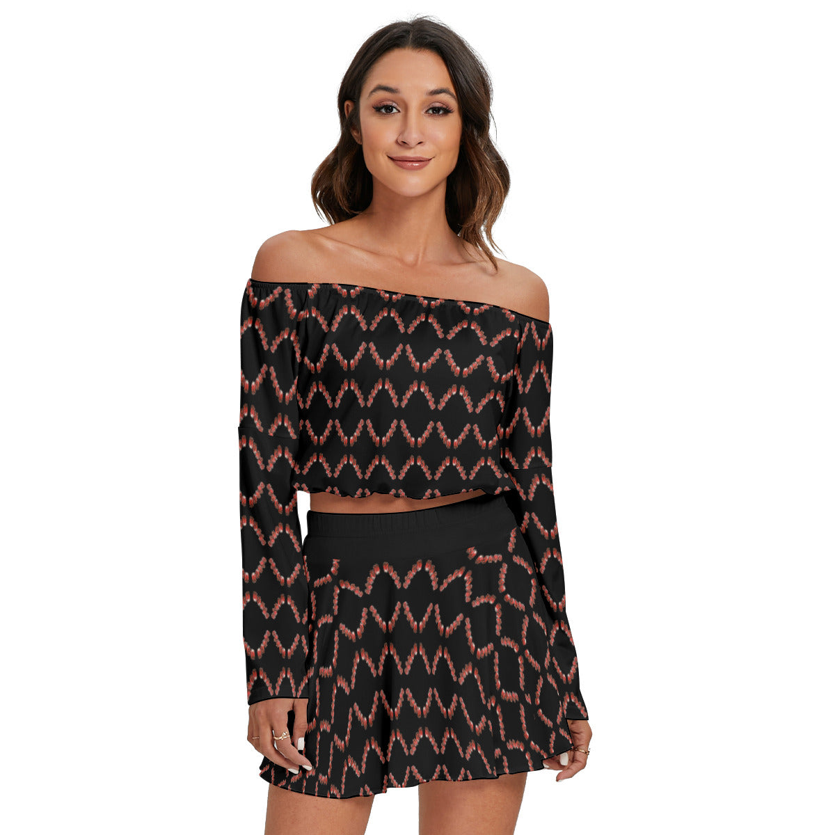 All-Over Print Women's Off-shoulder Top And Skirt Set