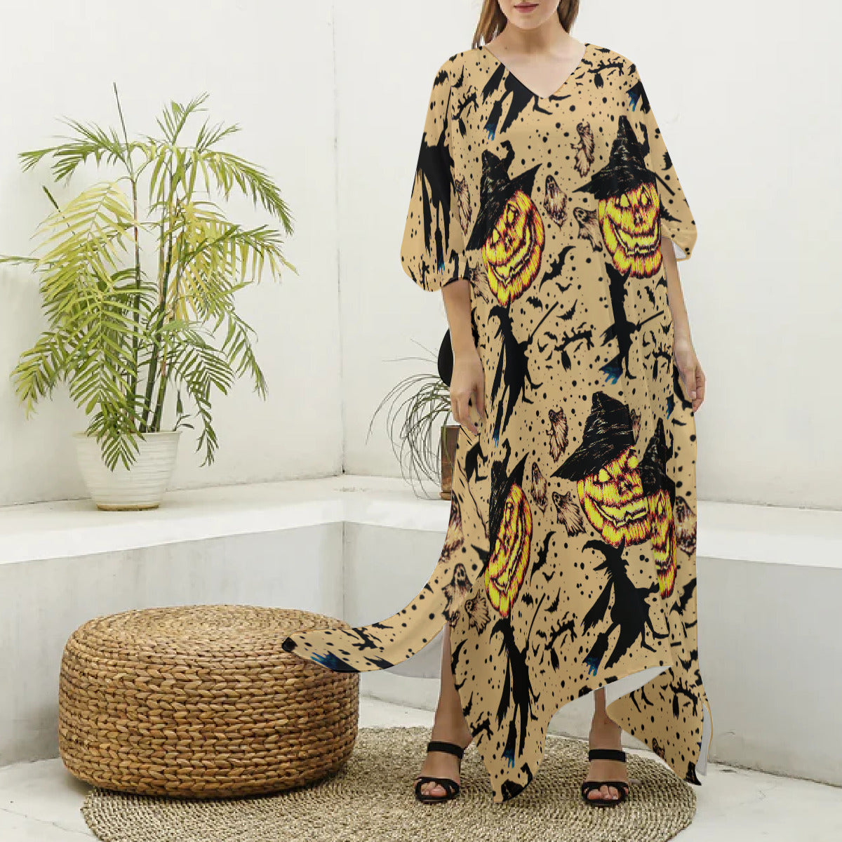 All-Over Print Women's Imitation Silk V-neck Kaftan Robe