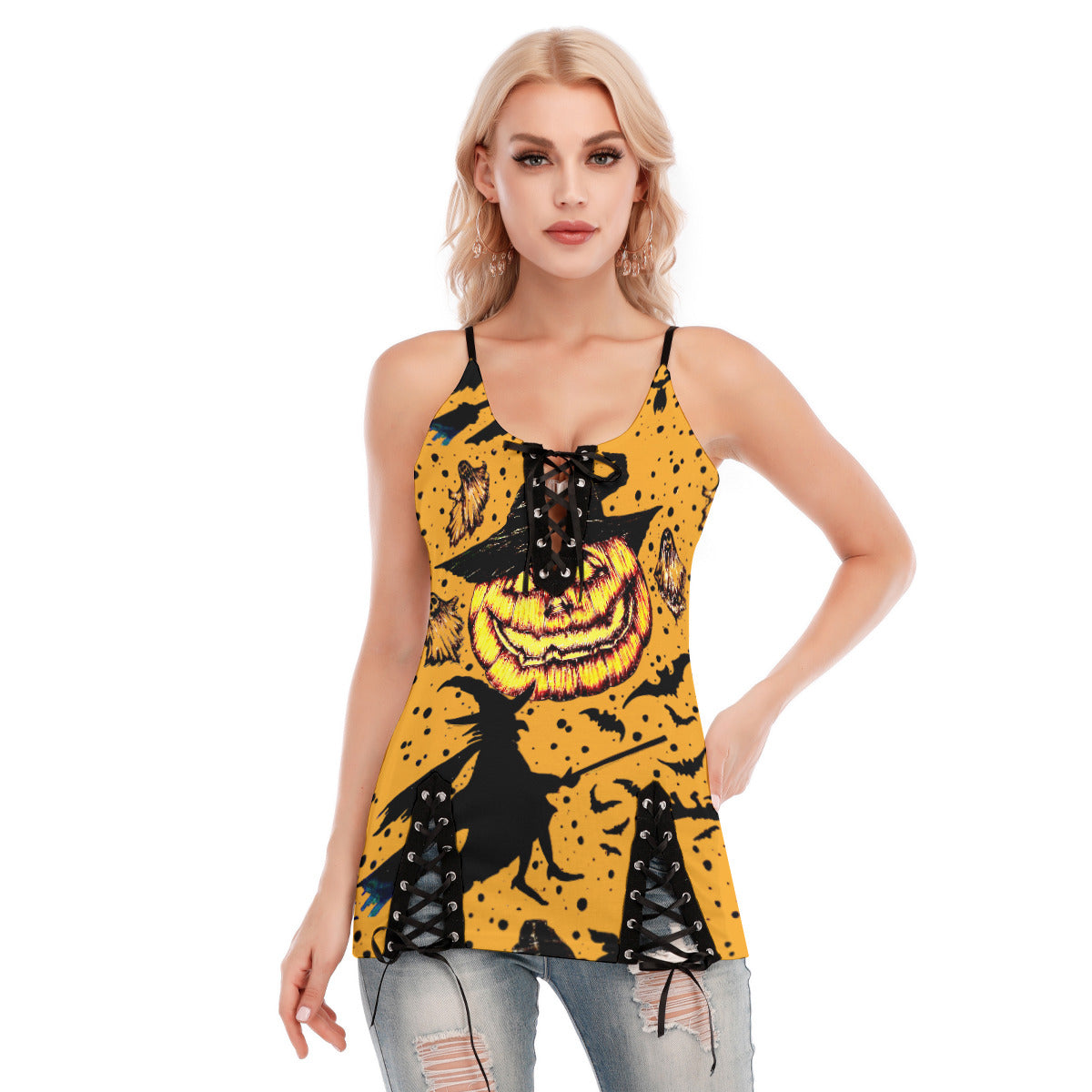All-Over Print Women's V-neck Eyelet Lace-up Cami Dress