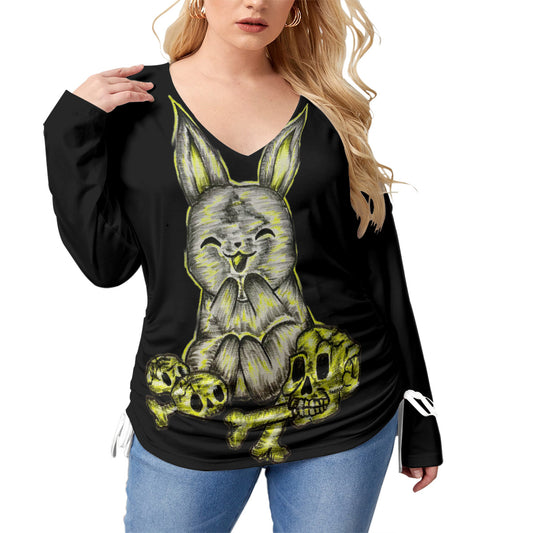 All-Over Print Womenâs V-neck T-shirt With Side Drawstring(Plus Size)