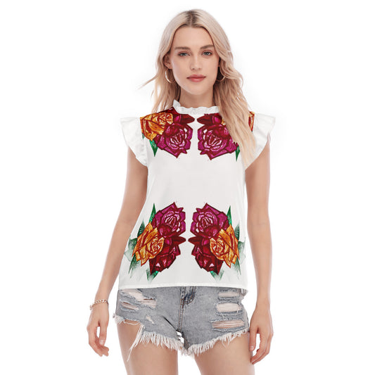 All-Over Print Women's Blouse With Ruffle Collar And Sleeve