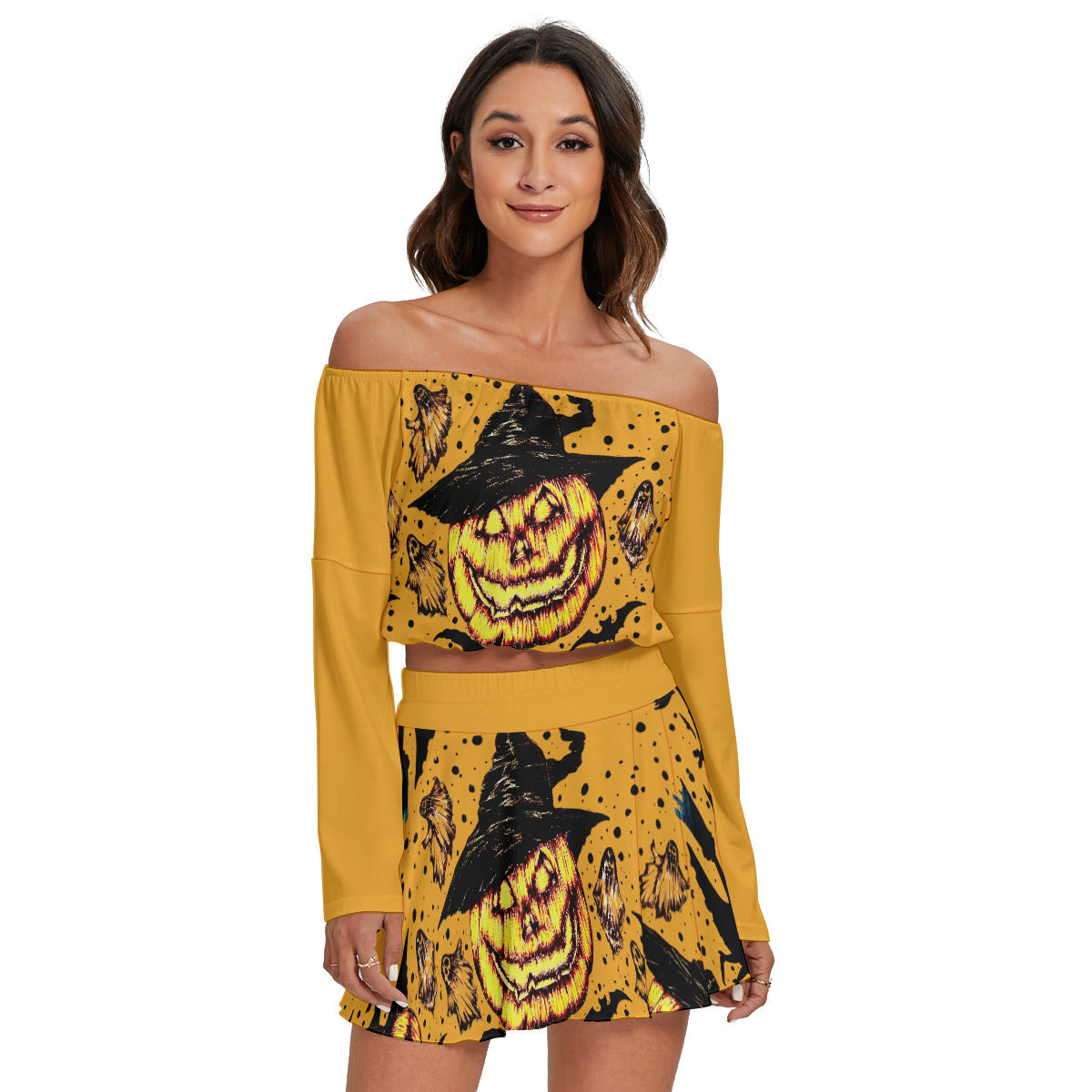 All-Over Print Women's Off-shoulder Top And Skirt Set