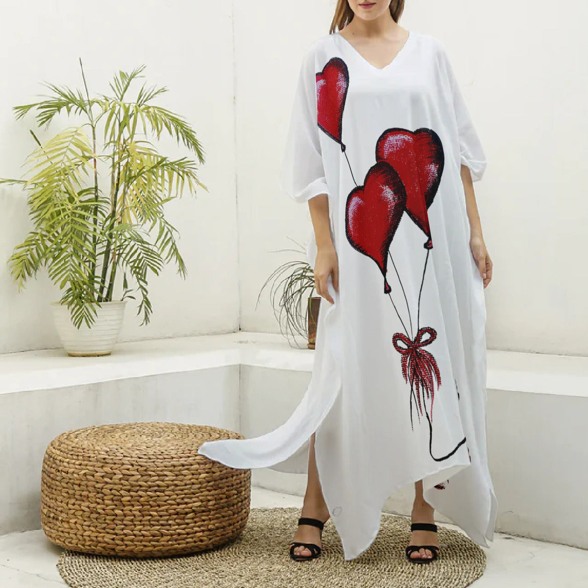 All-Over Print Women's Imitation Silk V-neck Kaftan Robe