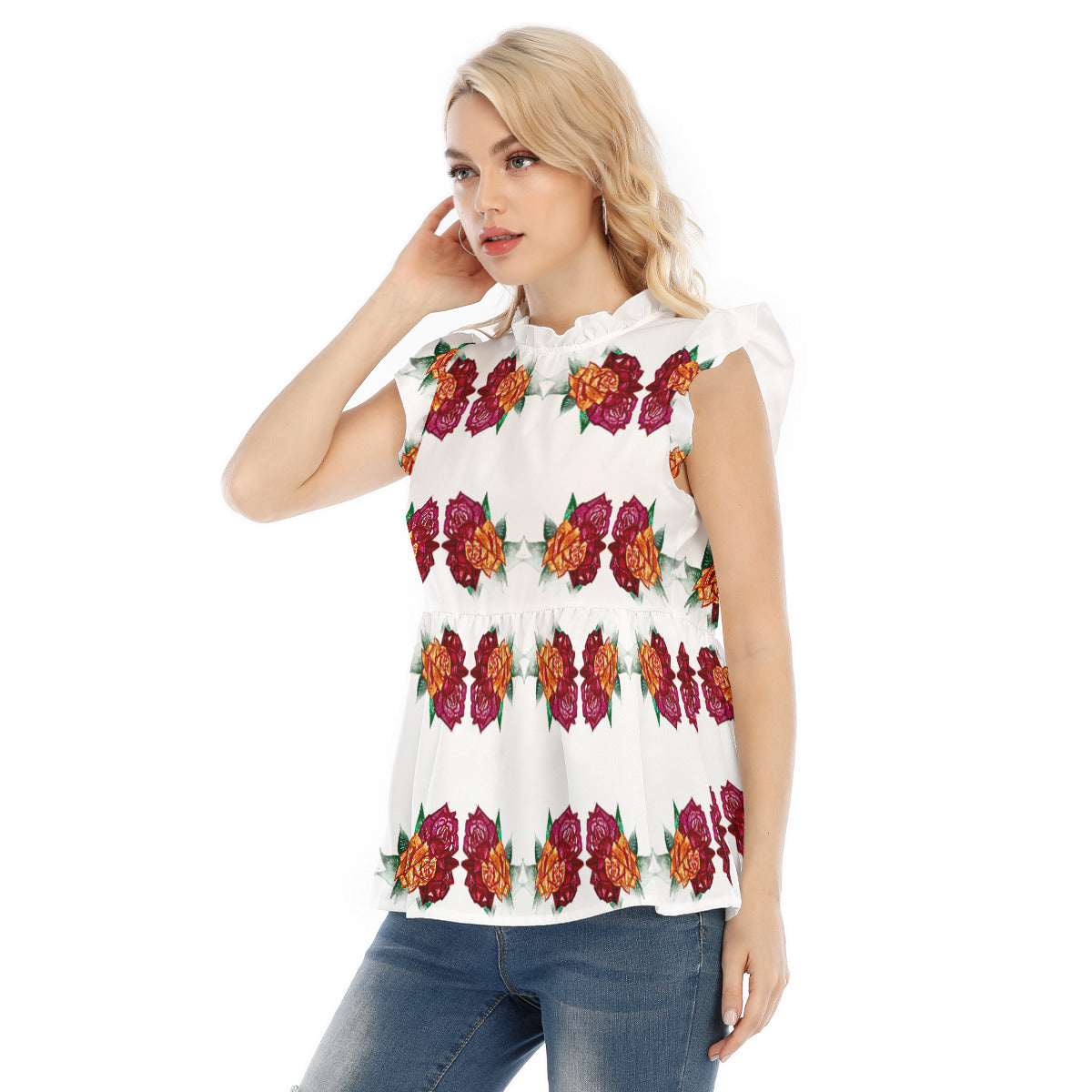 All-Over Print Women's Blouse With Lotus Leaf Lace