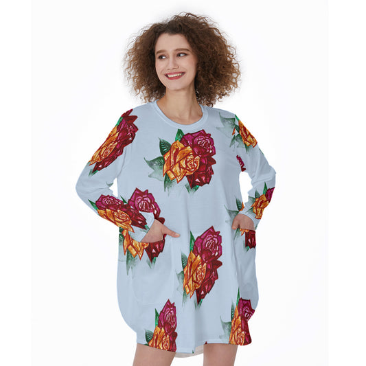 All-Over Print Women's Casual Loose Long Sleeve Dress With Pocket