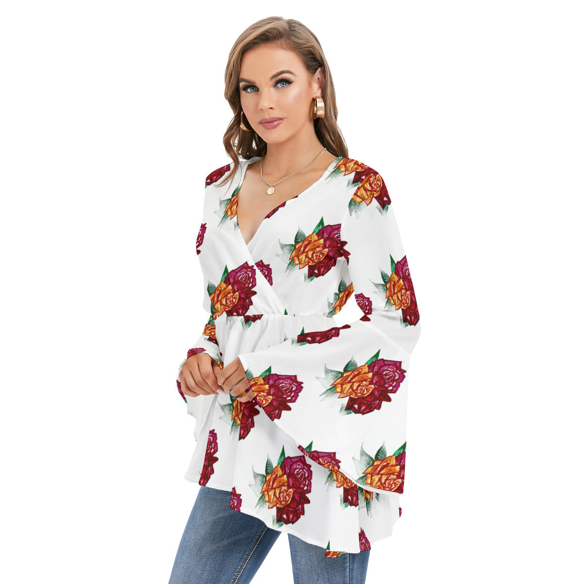All-Over Print Women's V-neck Blouse With Flared Sleeves