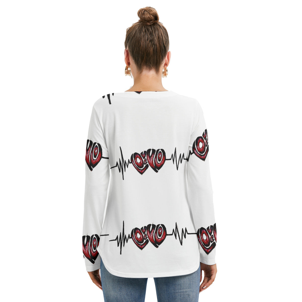 All-Over Print Women's Long Sleeve Neckline Tie Sweatshirt