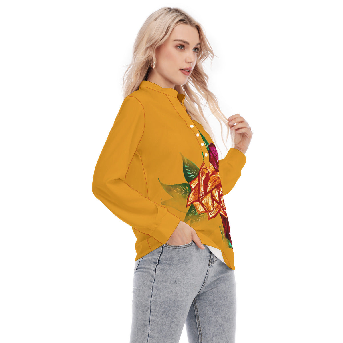 All-Over Print Women's Long Sleeve Blouse With Button Closure