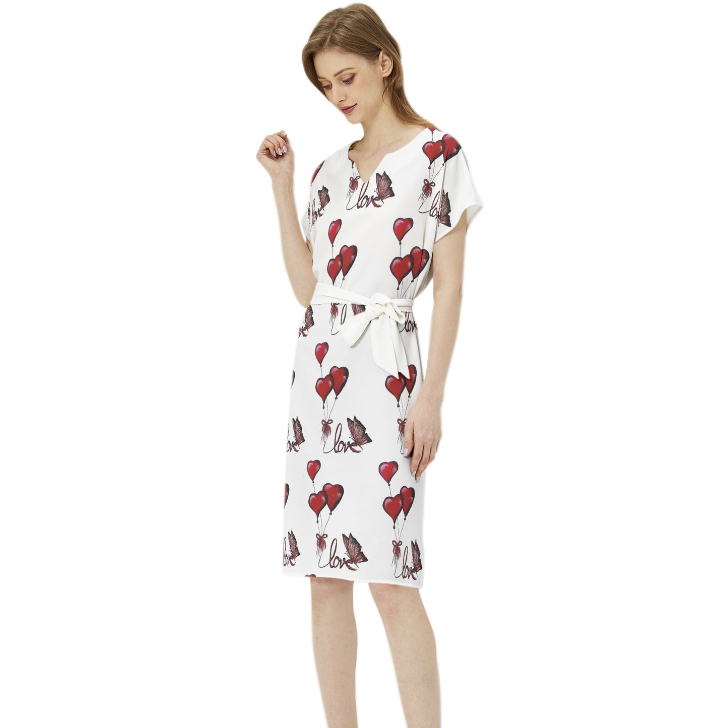 Betwing Seleeve Notch Neck Casual Dress with Belt