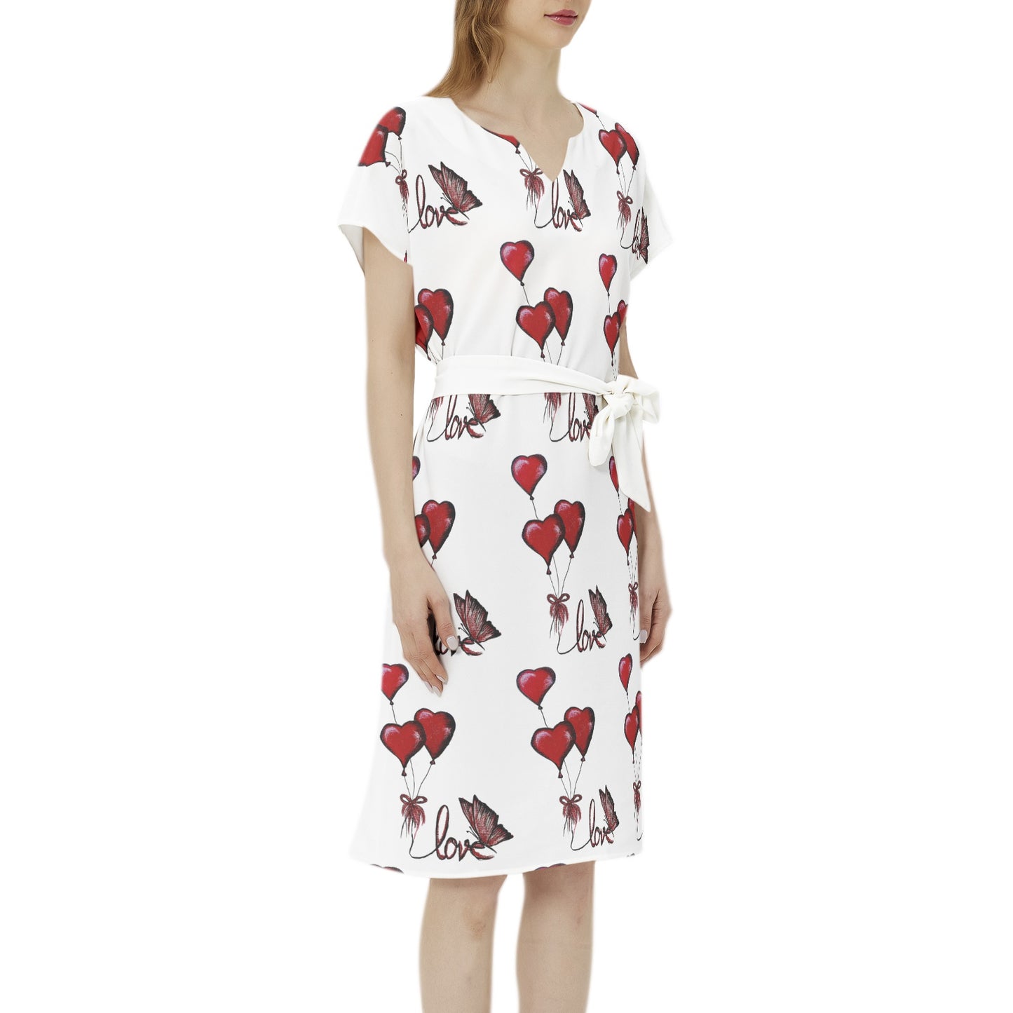 Betwing Seleeve Notch Neck Casual Dress with Belt