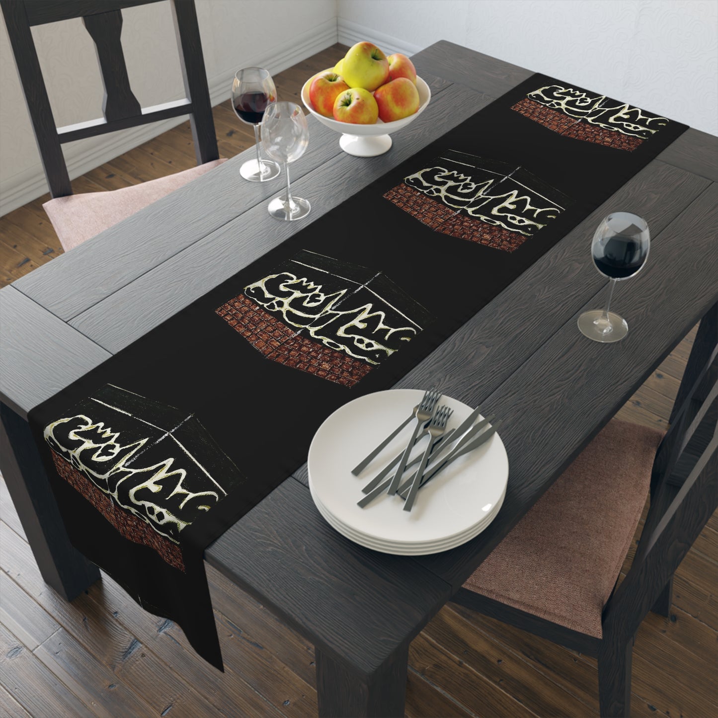 Elegant Islamic Table Runner for Home Decor - Black with Kaaba Design