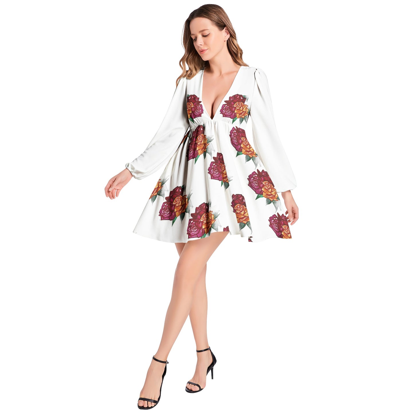 Lantern Sleeve Deep V-Neck Short Dress
