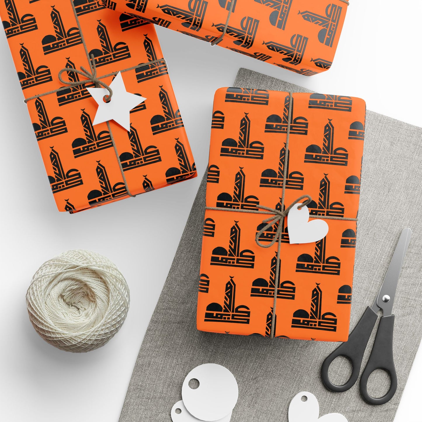 Festive Halloween Wrapping Paper | Orange Design with Black Symbols