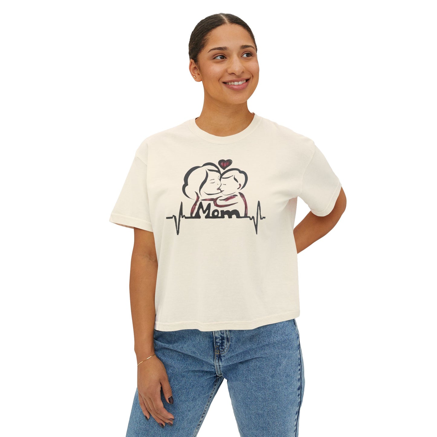 Mom Heartbeat Boxy Tee, Gift for Mom, Mother's Day Shirt, Family Love Tee, Cute Casual Wear, Heartbeat Graphic Top