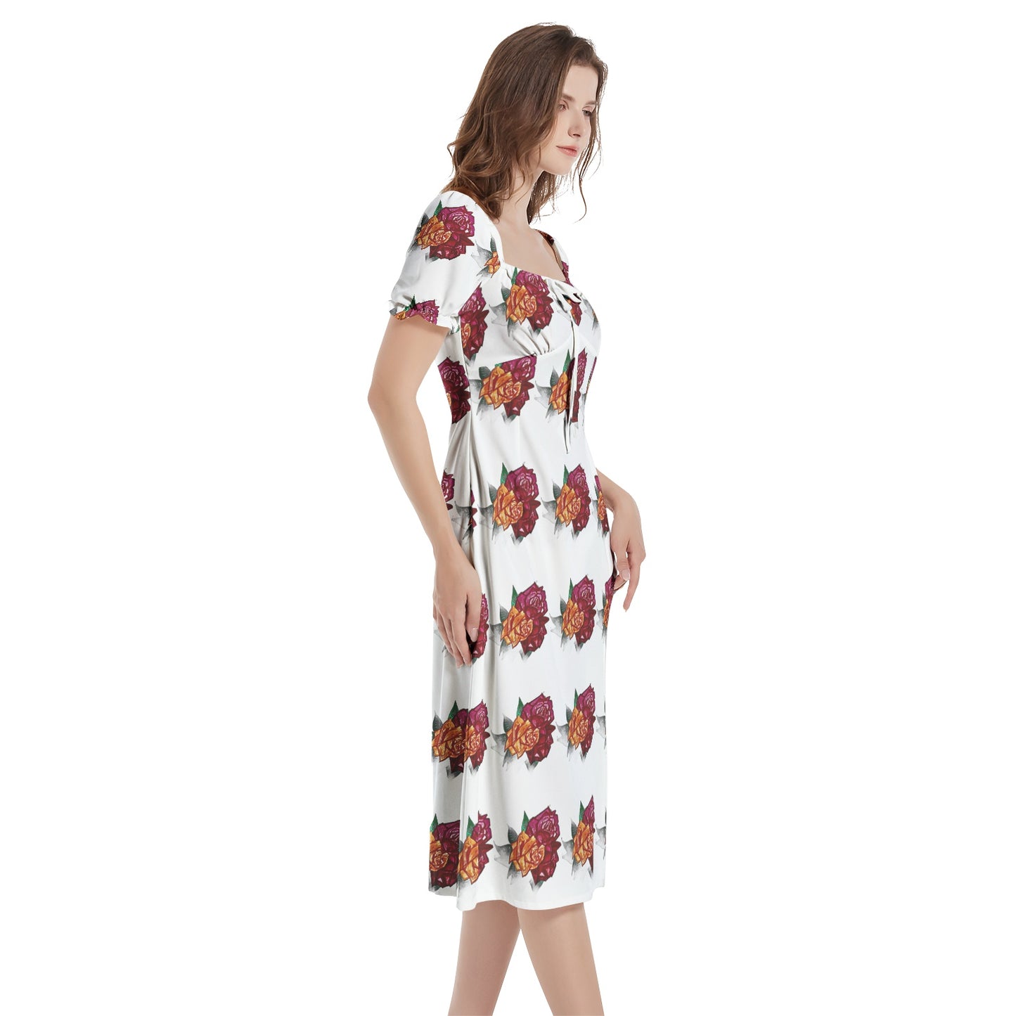 Puff Sleeve Split Thigh Midi Dress