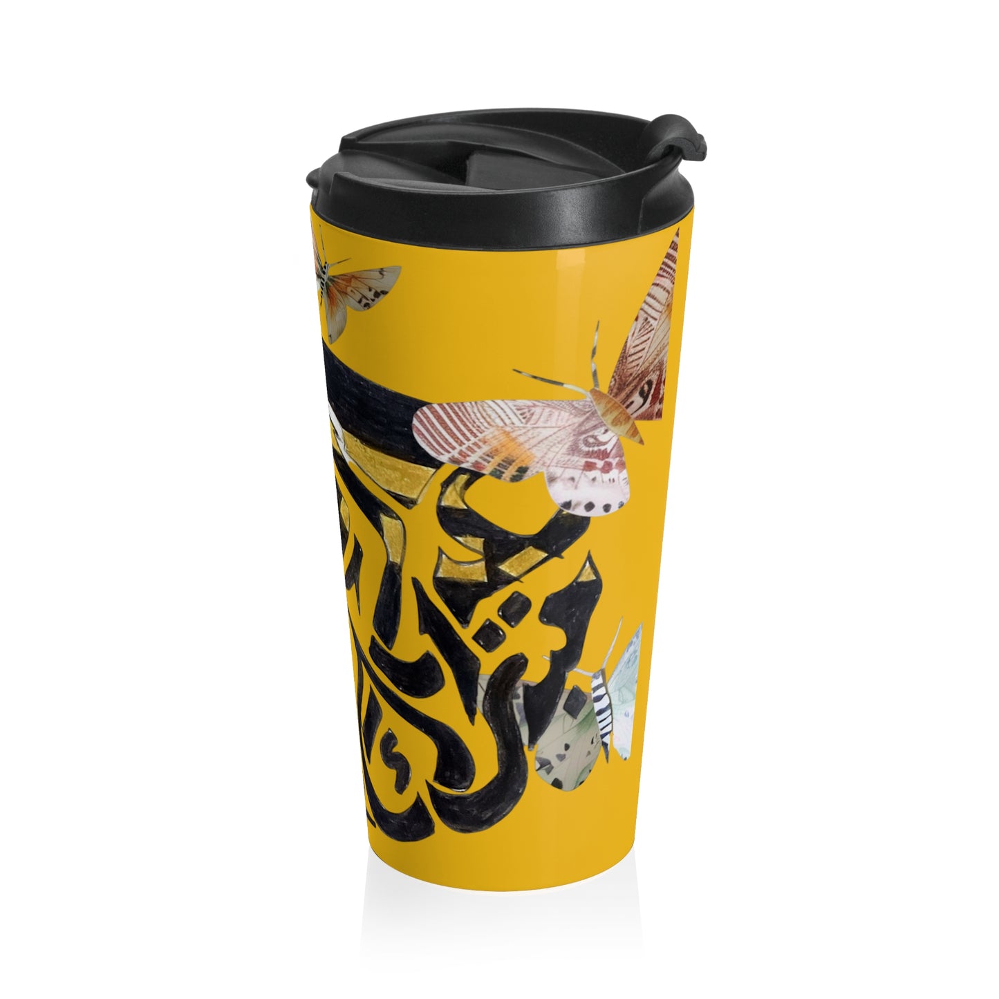 Butterfly Calligraphy Travel Mug — Yellow Stainless Steel Tumbler