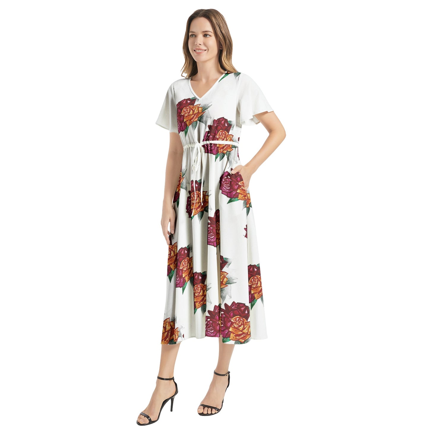 Flutter Sleeve Drawstring Waist Flared Dress