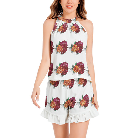 Tie Neck Halter Top and Ruffle Hem Short Set