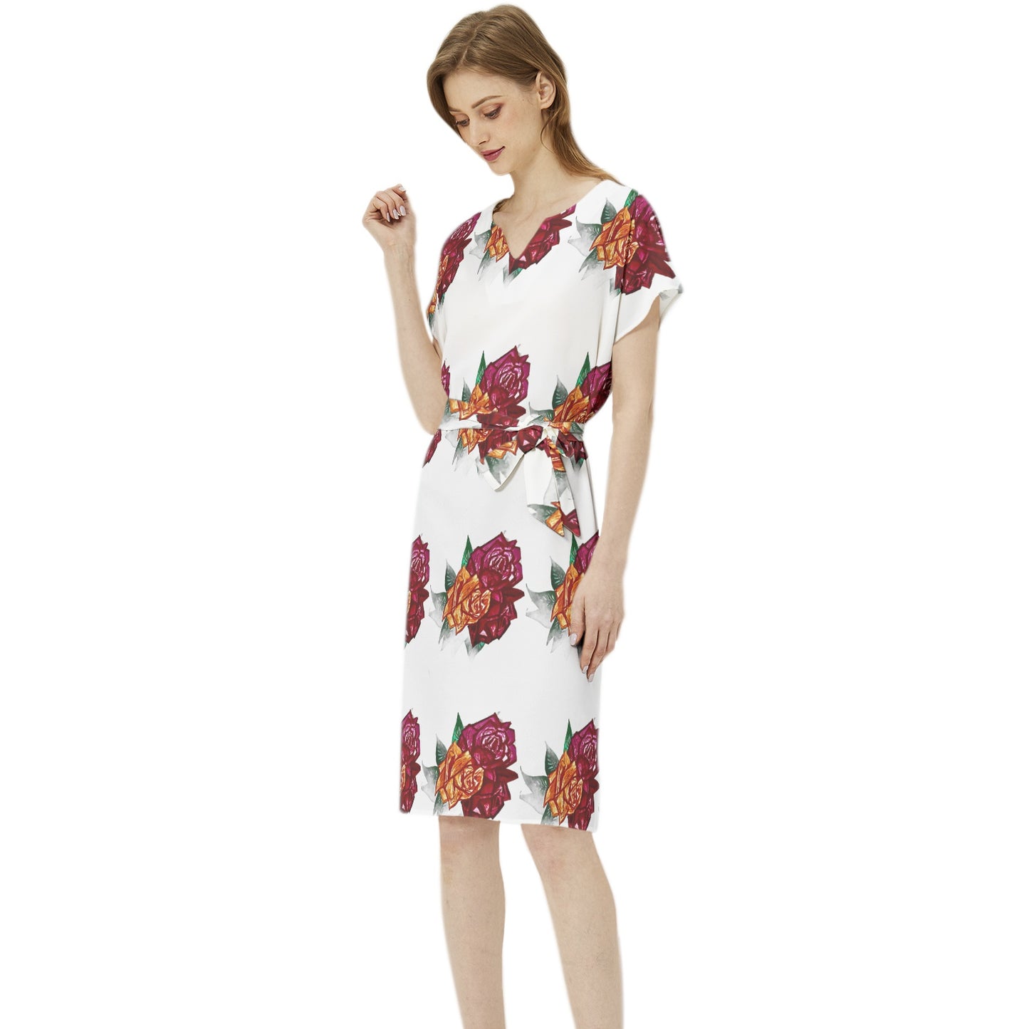 Betwing Seleeve Notch Neck Casual Dress with Belt
