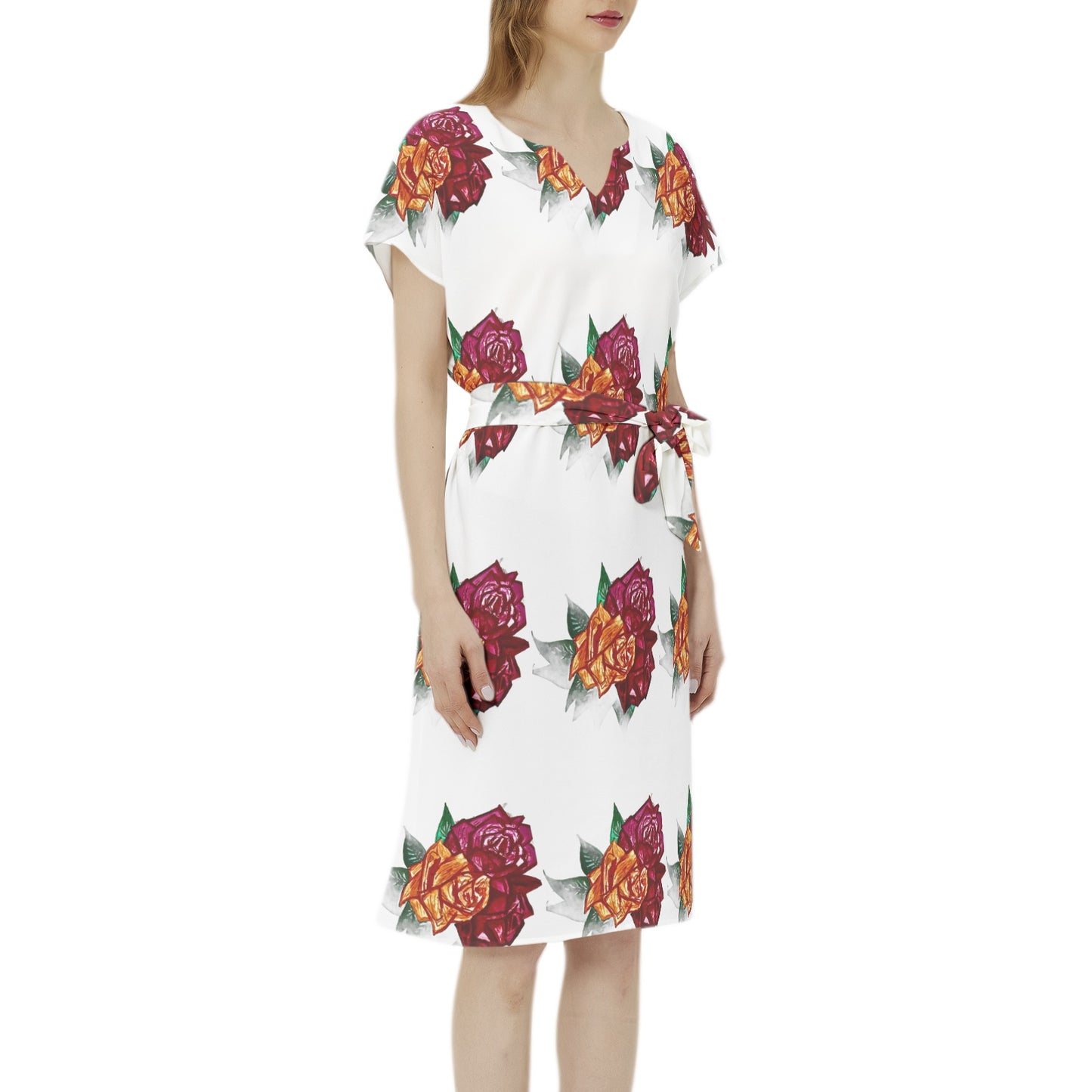 Betwing Seleeve Notch Neck Casual Dress with Belt