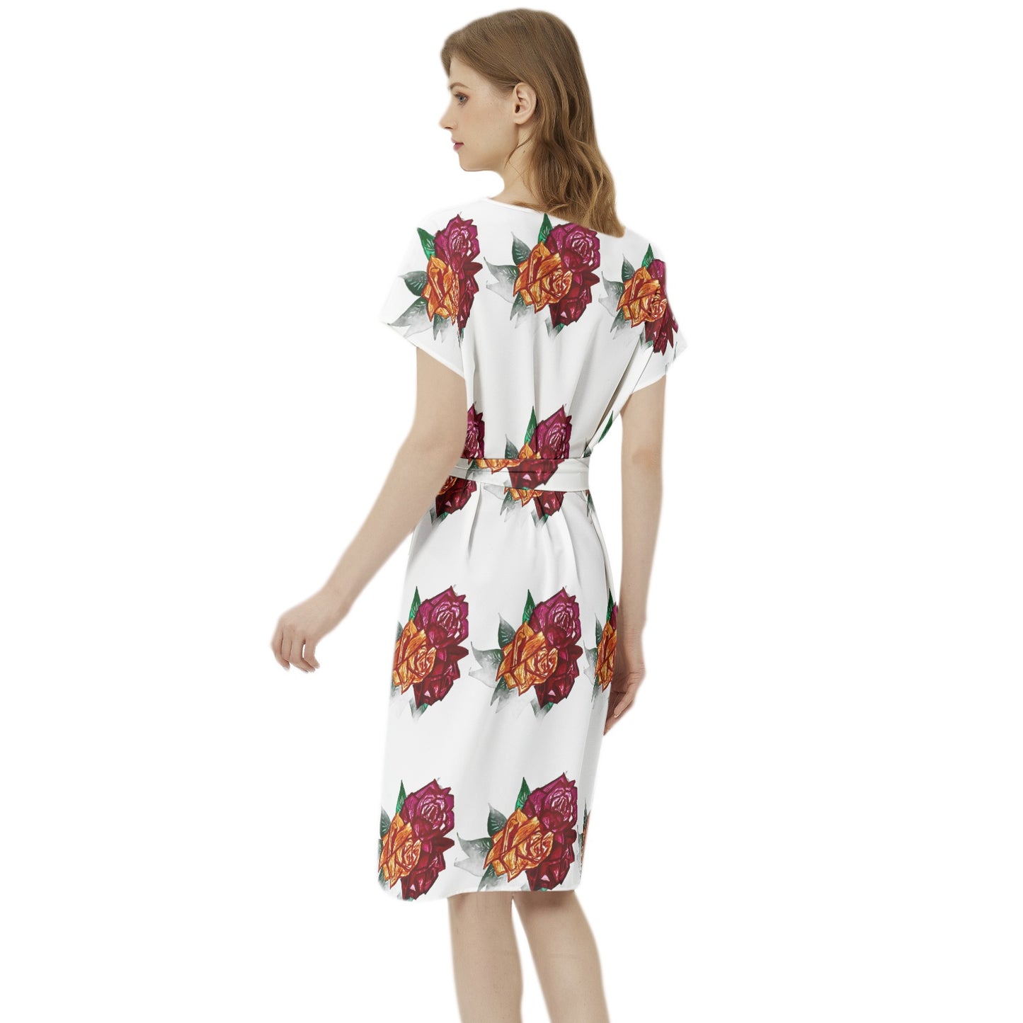 Betwing Seleeve Notch Neck Casual Dress with Belt