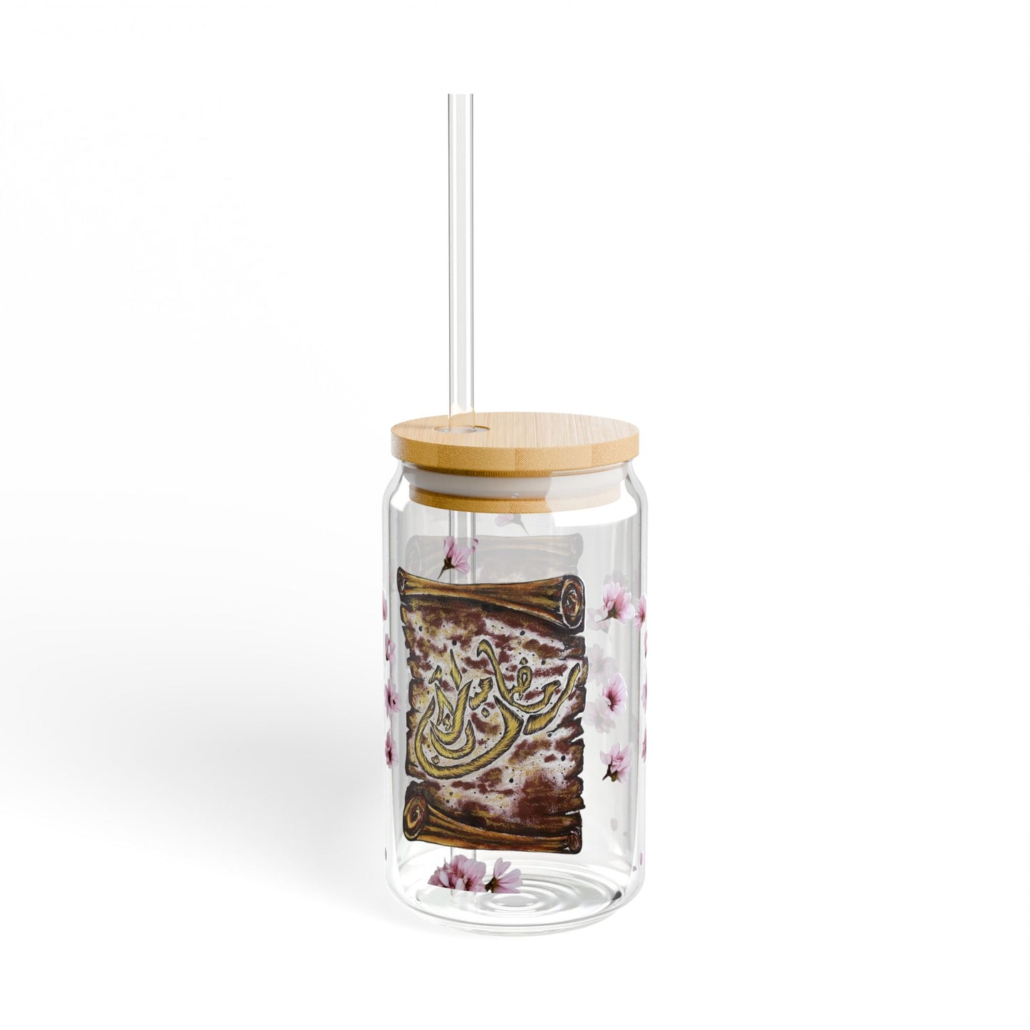 16oz Floral Calligraphy Sipper Glass with Bamboo Lid