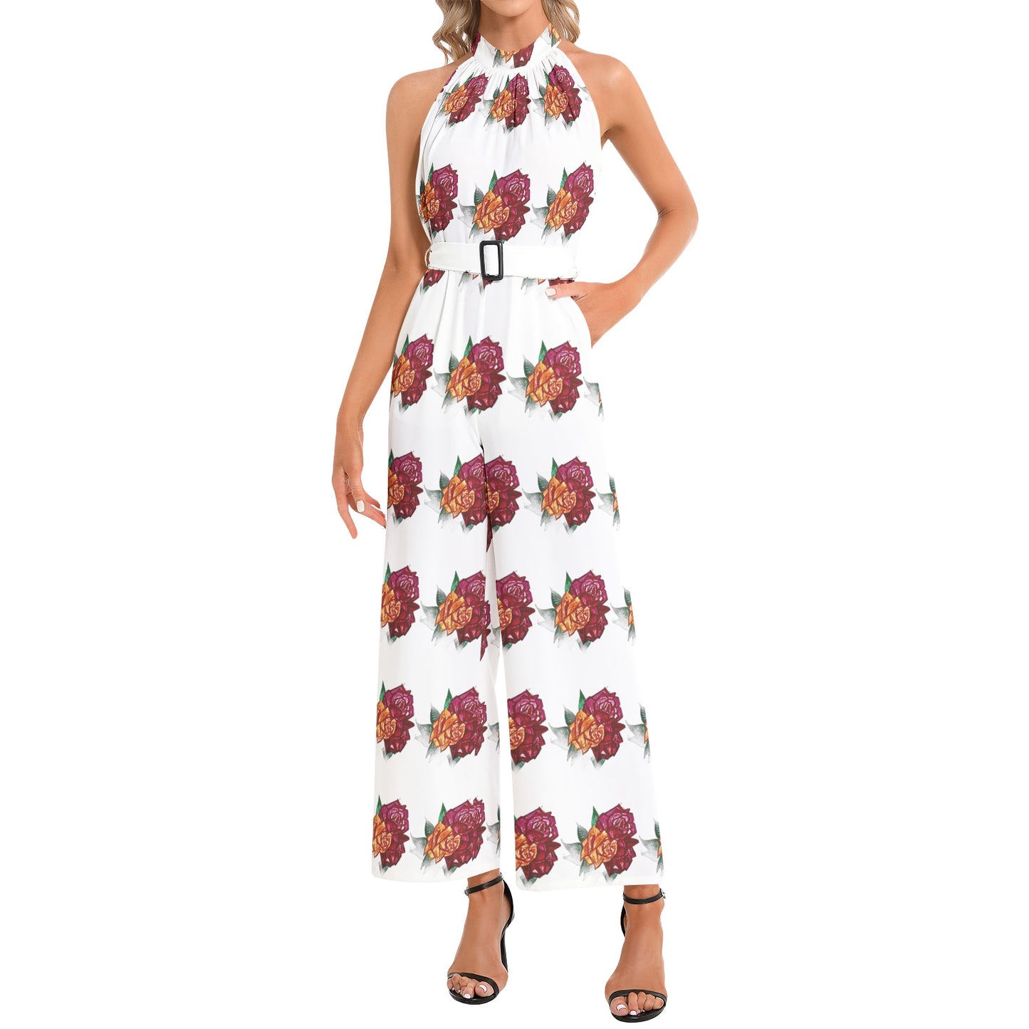 Halter Neck Buckle Belted Jumpsuit