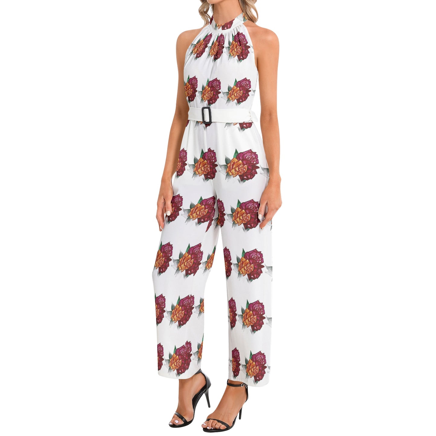 Halter Neck Buckle Belted Jumpsuit
