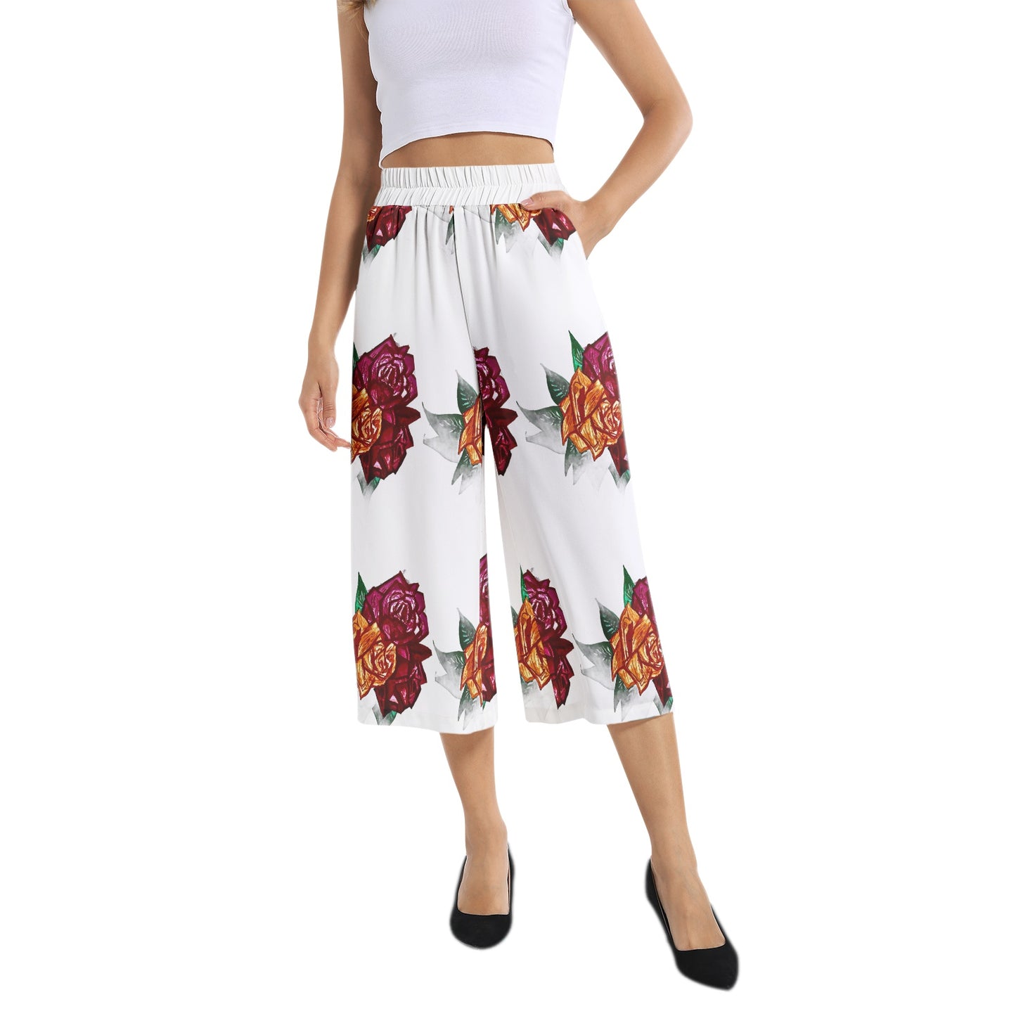 Elastic Waist Capris Wide Leg Pant