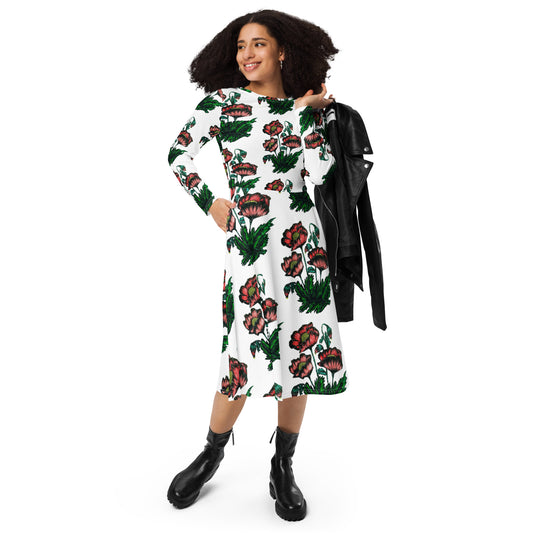 All-over print long sleeve midi dress