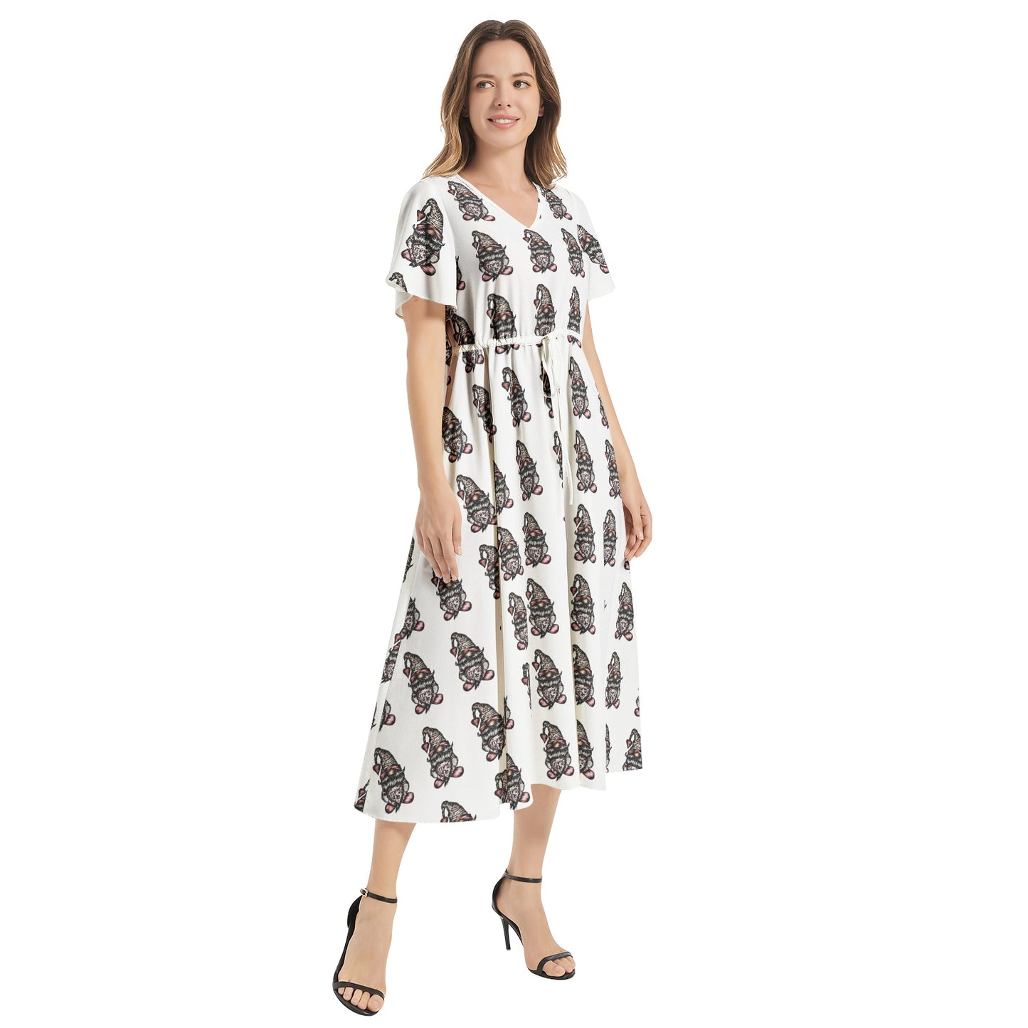 Flutter Sleeve Drawstring Waist Flared Dress