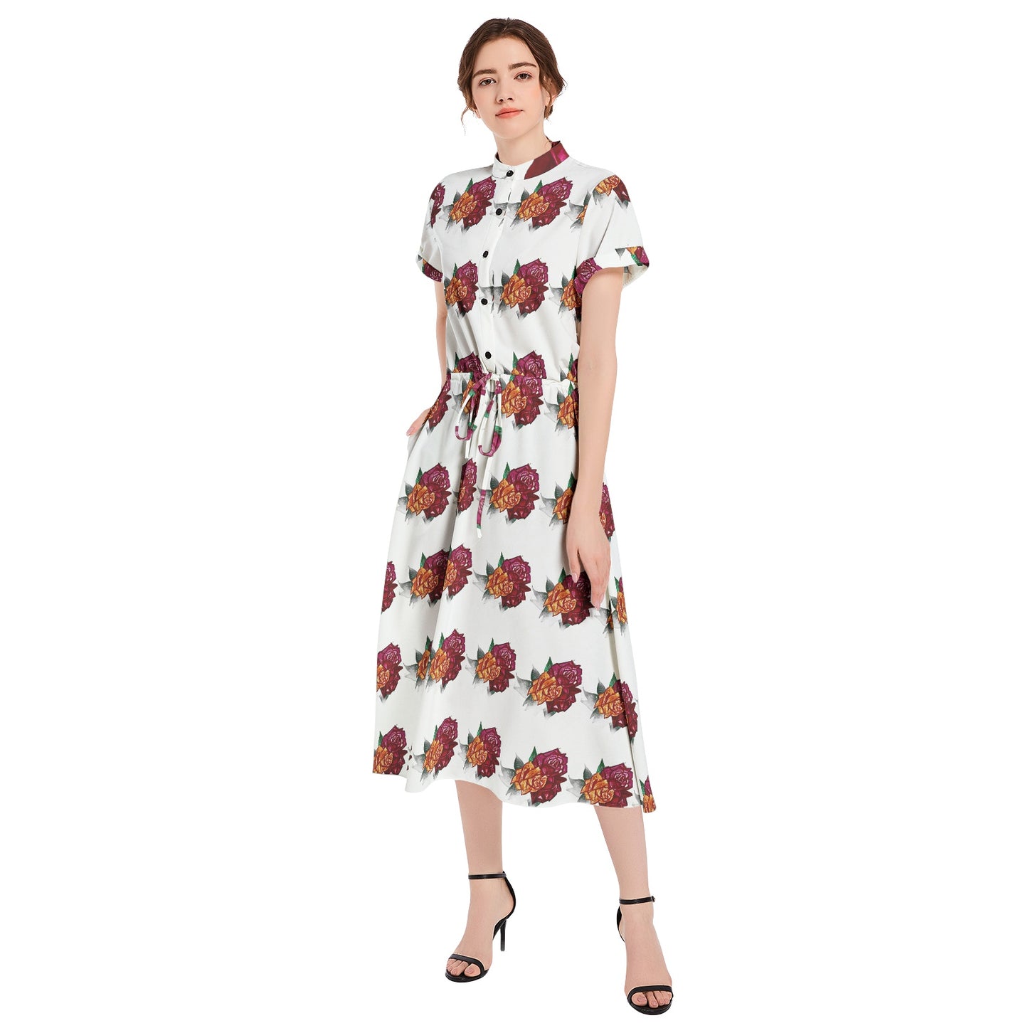 Drawstring Waist A-line Flared Midi Dress