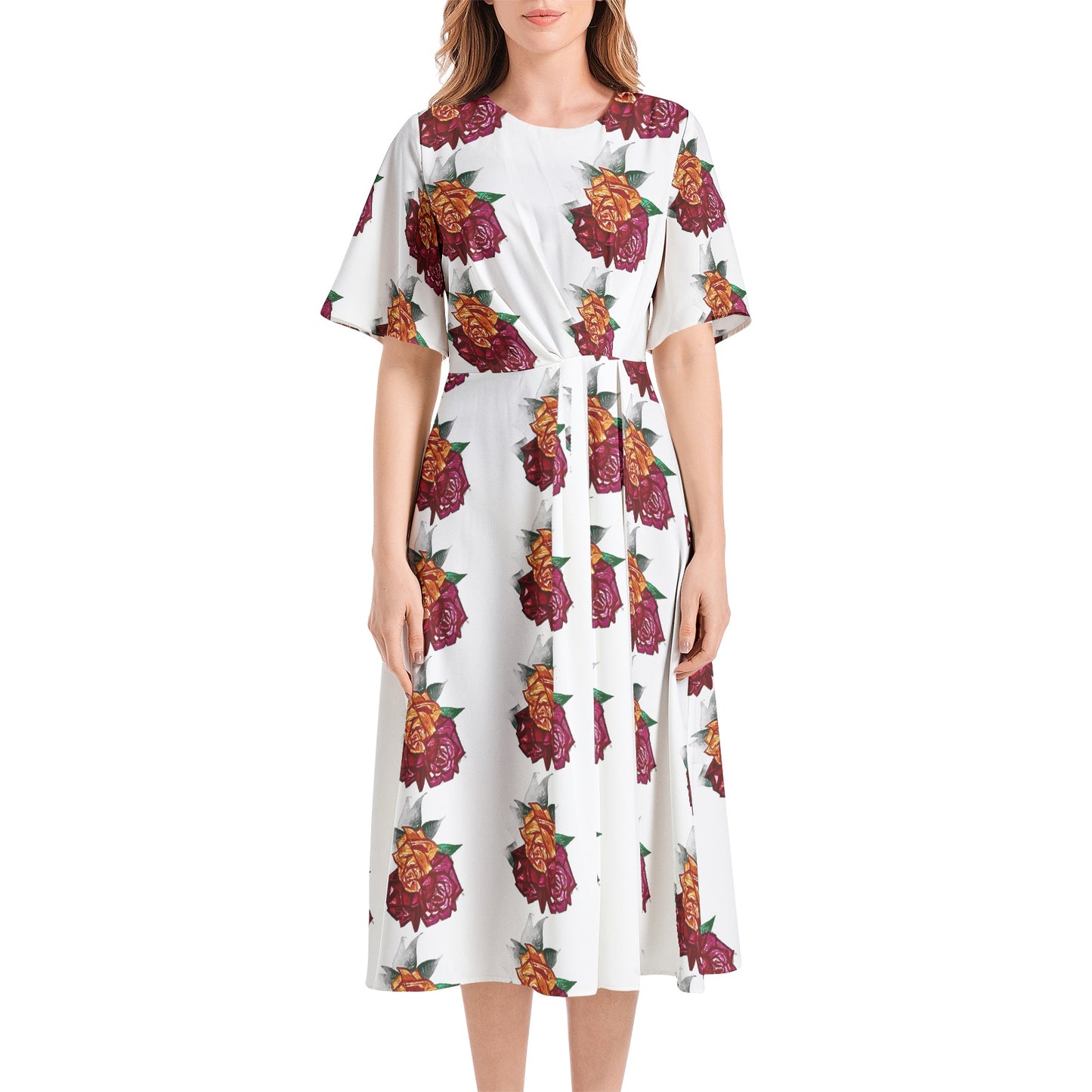 Short Sleeve Waist Folding Midi Dress