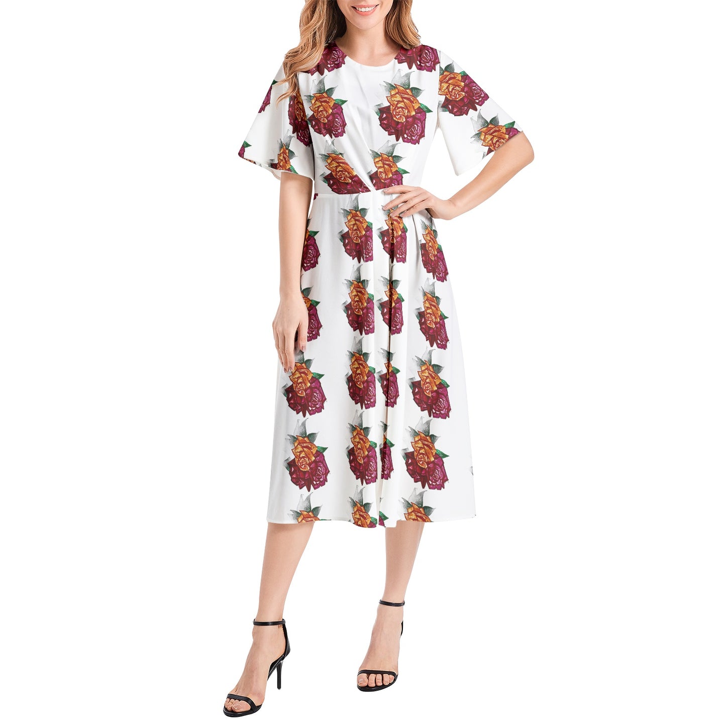Short Sleeve Waist Folding Midi Dress