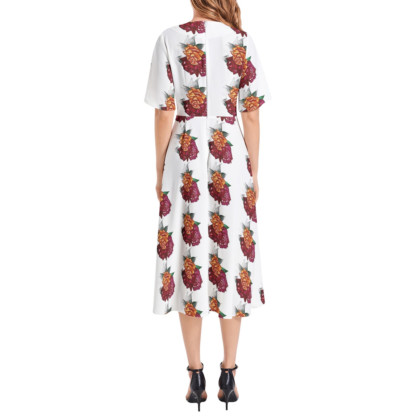 Short Sleeve Waist Folding Midi Dress