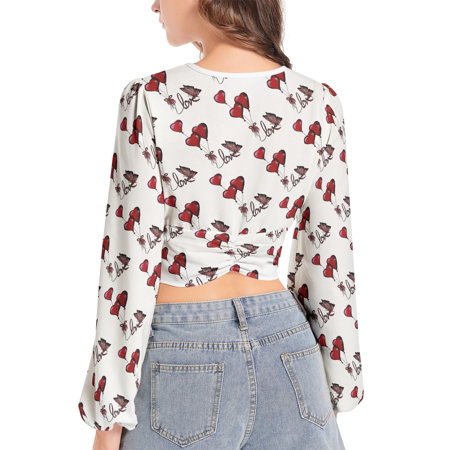 Women's Deep V-Neck Lantern Sleeve Crop Top