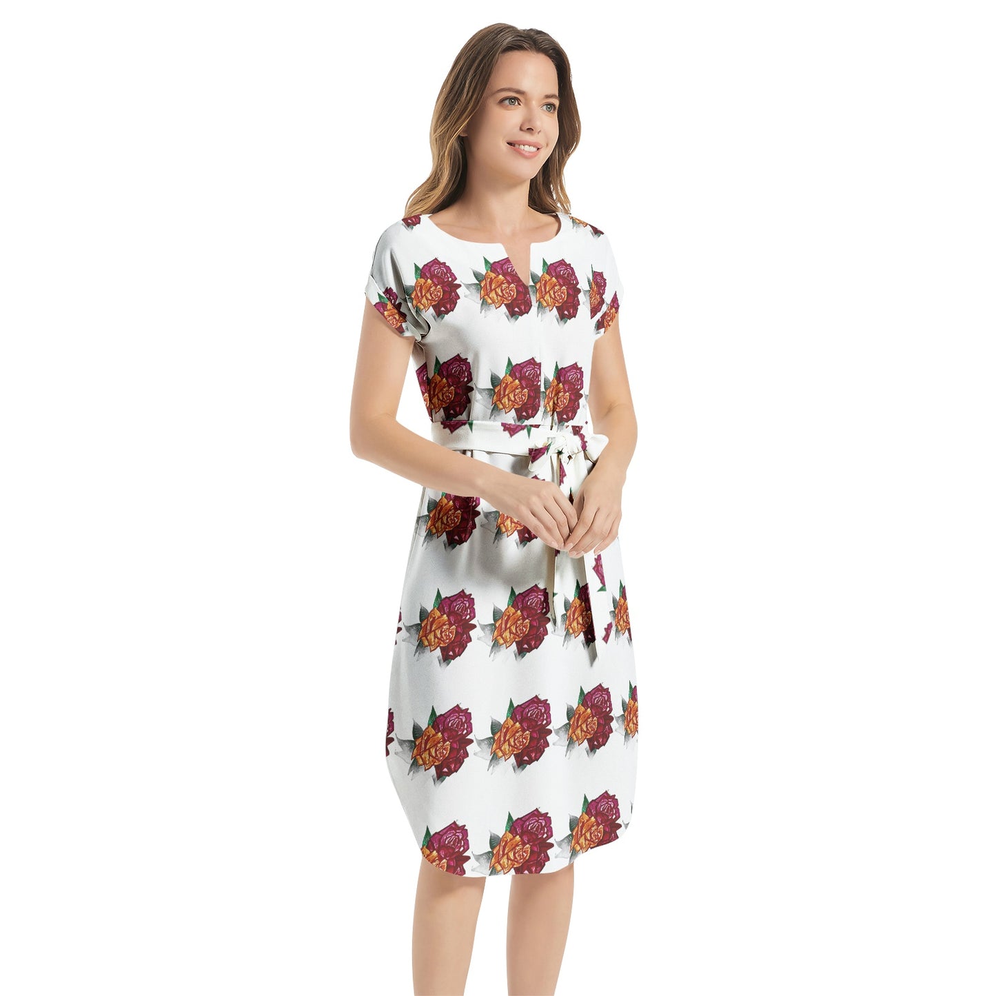 Notched Neck Belted Dress
