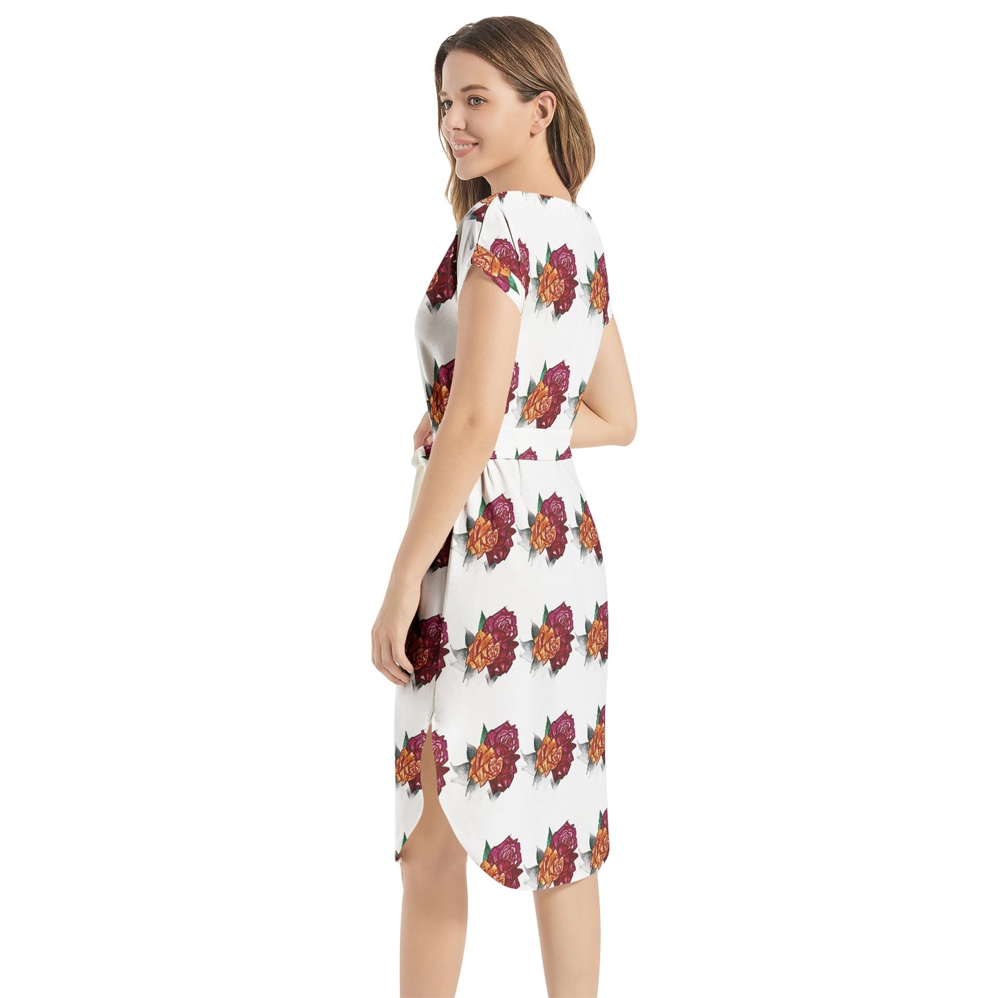 Notched Neck Belted Dress
