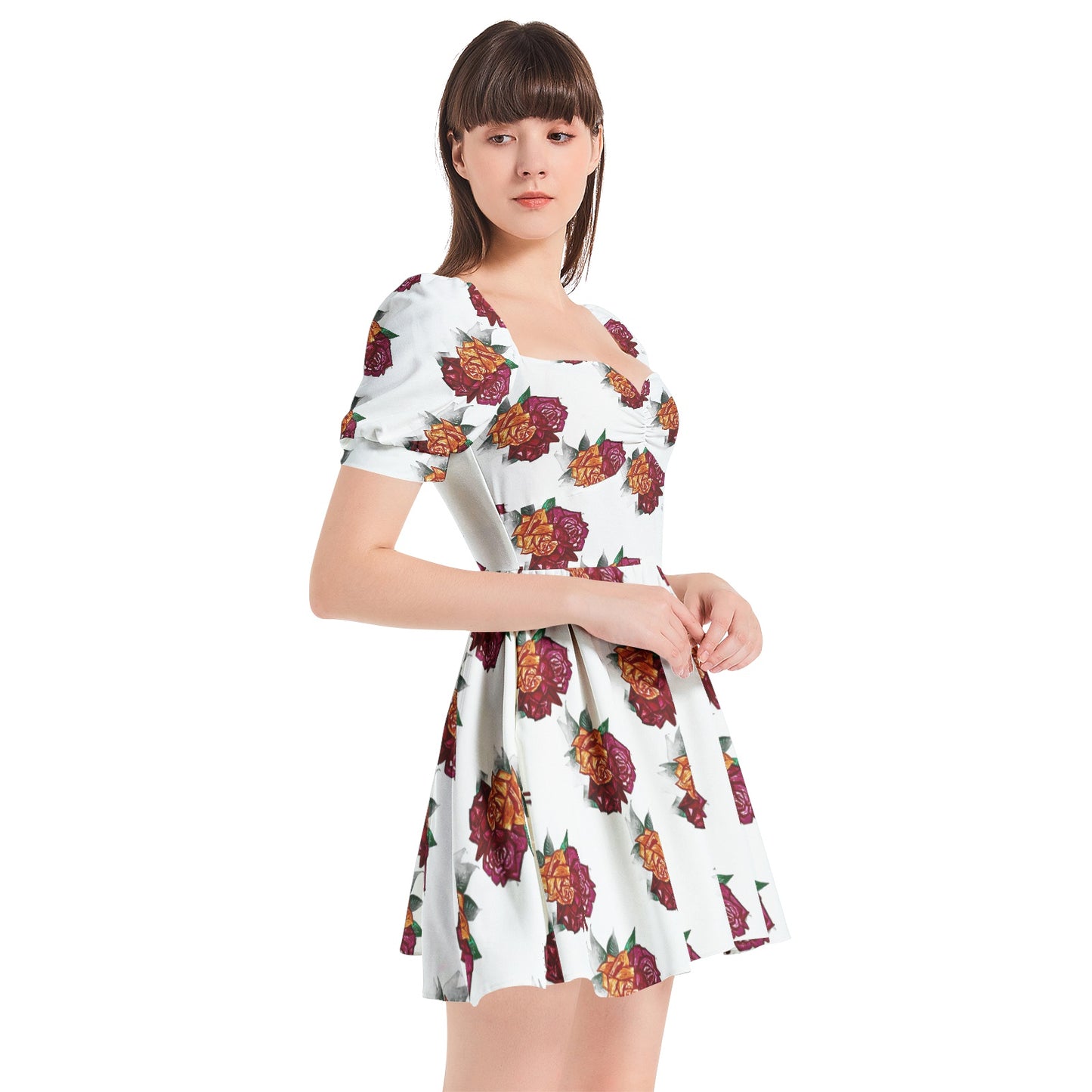 Puff Sleeve Sweetheart Neck Short Dress