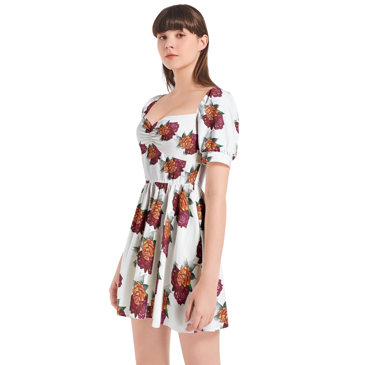 Puff Sleeve Sweetheart Neck Short Dress
