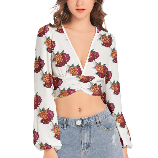 Women's Deep V-Neck Lantern Sleeve Crop Top