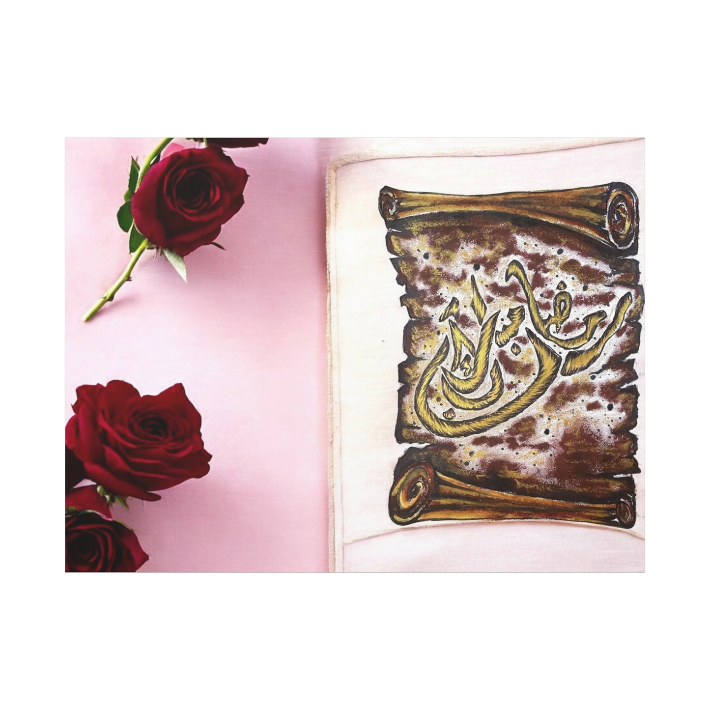 Arabic Calligraphy Canvas Wall Art — 'Bismillah' Scroll with Red Roses, Matte Stretched Canvas