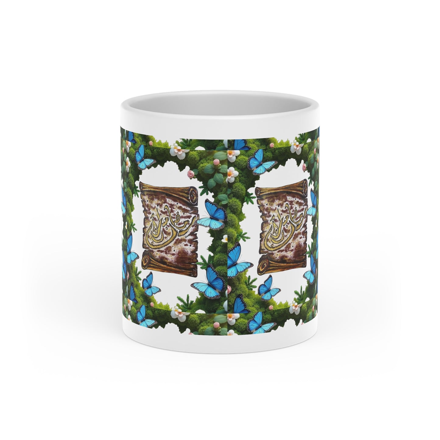 Floral Book & Blue Butterflies Mug — Literary Garden Coffee Cup