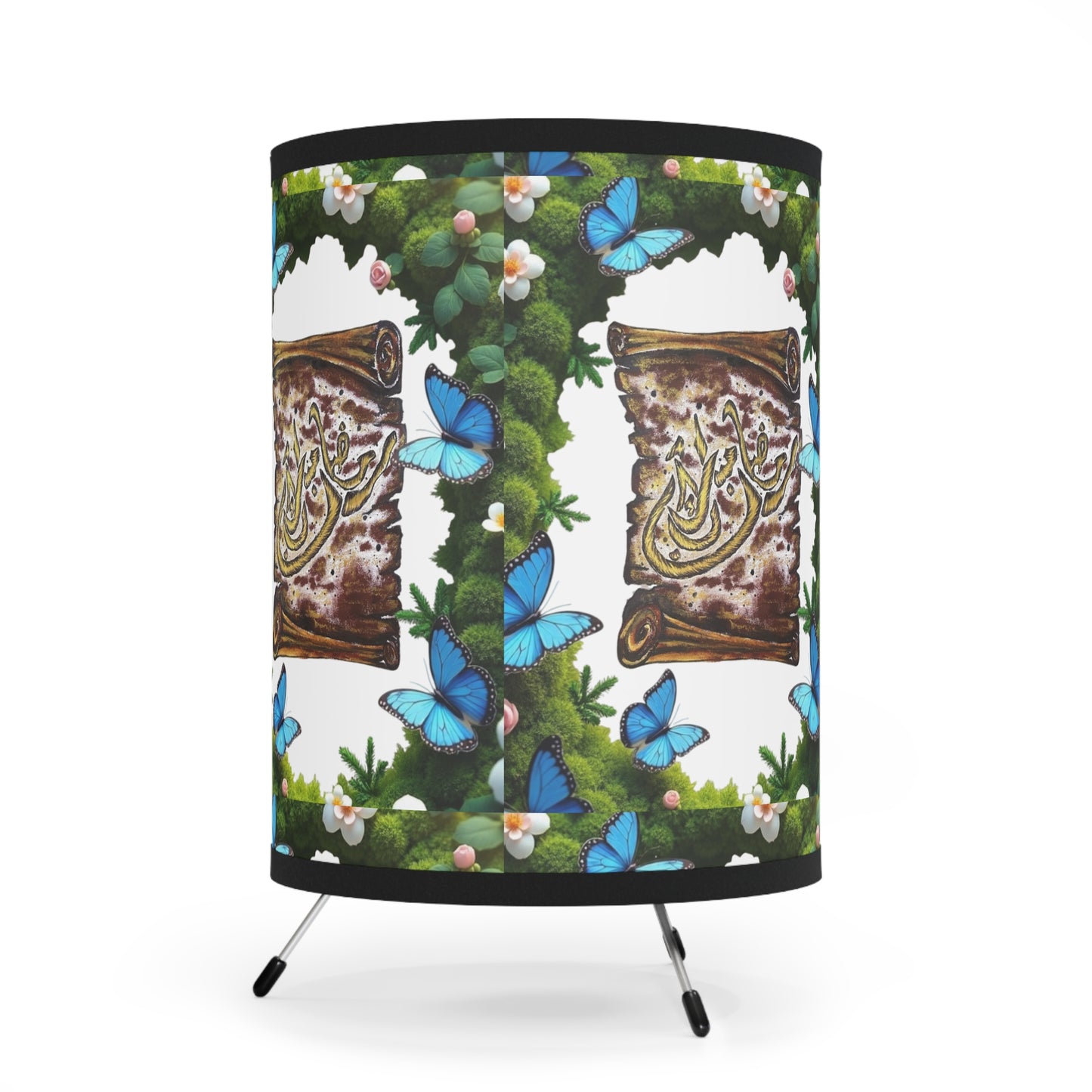 Butterfly Garden Tripod Lamp — Printed Shade with Decorative Script Panel
